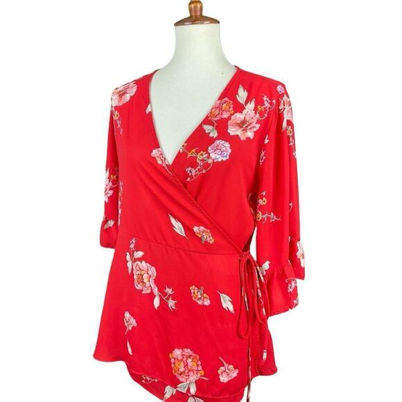 Pleione Coral Pink Wrap Blouse Floral Print Women Medium Ruffle Sleeve Flowy - Picture 7 of 13